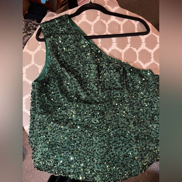 Green Sequin One-Shoulder Dress side slit, event dress-prom, wedding, elegant - Picture 2 of 9